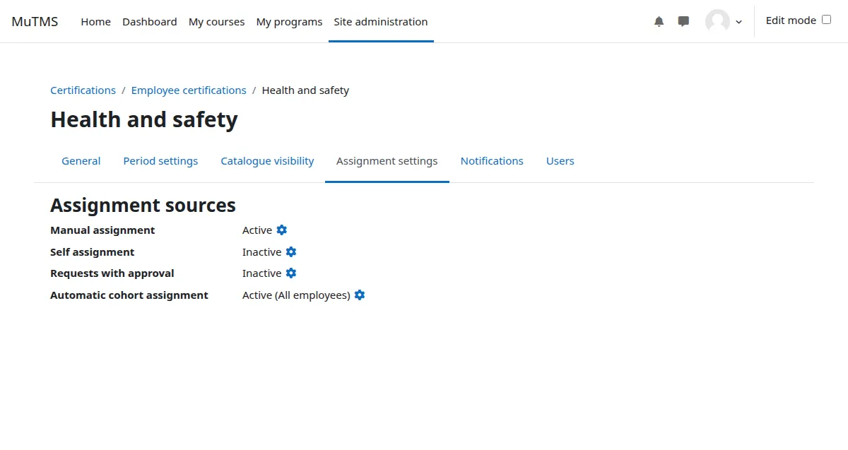 Certification assignment settings